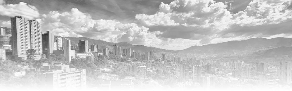 Grayscale panoramic view of a city skyline transitioning into distant mountains under cloudy skies.