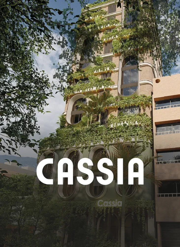 Cassia building facade covered in lush greenery and climbing plants.
